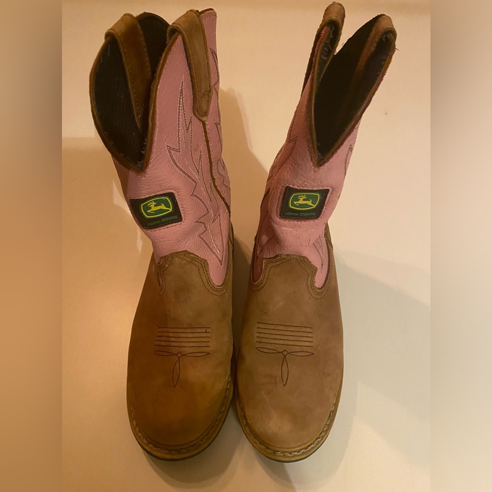 John Deere Girls Cowboy Boots Pink Beige Leather Western Toddler Girls Size 8
